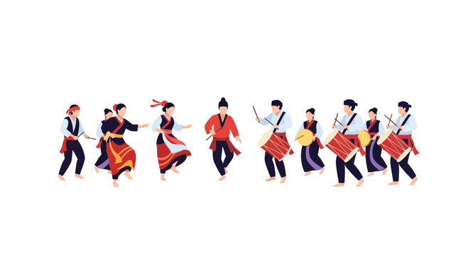 Traditional Asian Performers Dancing and Drumming in Folk Costumes