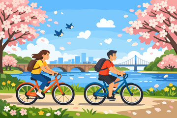 Fototapeta premium Bicycling along a river in a city park during spring with cherry blossom trees and a view of a bridge