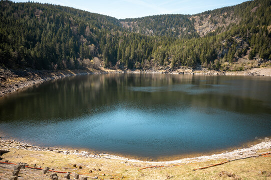 Quiet mountain pond fed by stream with rocky cliffs and lush green forest surrounding calm water, secluded alpine swimming spot in Vosges mountains