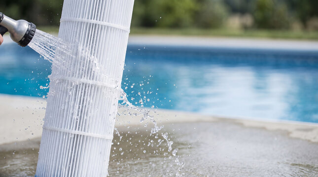 Pool technician cleaning white cartridge filter with garden hose sprayer. Routine maintenance for backyard swimming water sanitation. Filtration system equipment care and repair service.