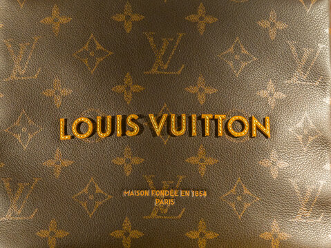 April 15, 2026, Vienna, Austria. Close-up of Louis Vuitton monogram leather with gold logo