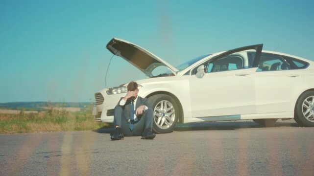 Businessman beside smoking vehicle, Professional in suit sits patiently as breakdowns occur on deserted highway