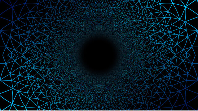 Bioluminescent current abstract background. Electric blue glowing wireframe network on dark ocean blue background for cyber technology design.
