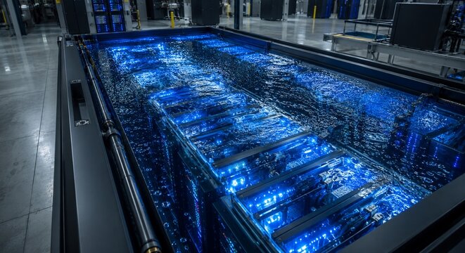 High-Angle Commercial Shot of Liquid Immersion Cooling Servers in a Modern Data Center