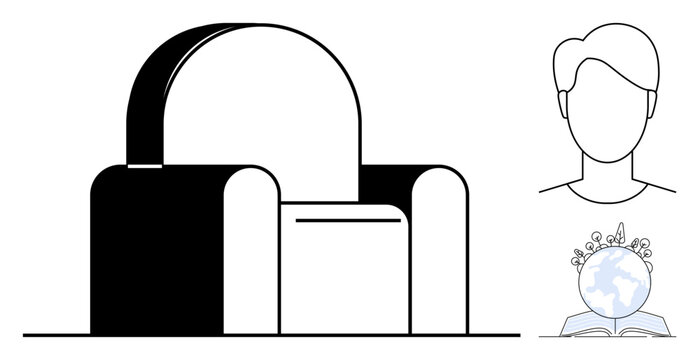 Sustainability, personal identity, nature conservation, global education, interior design, minimalism. Outline of a chair, a human face and a globe sprouting plants. Sustainability and personal