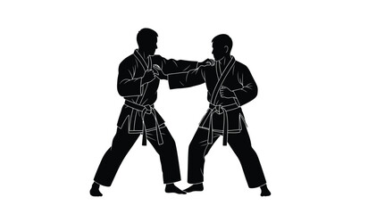 Two martial artists practicing karate in dynamic combat poses black silhouette on a white background silhouette high quality professional detailed modern elegant stylish clean © Thysl2000