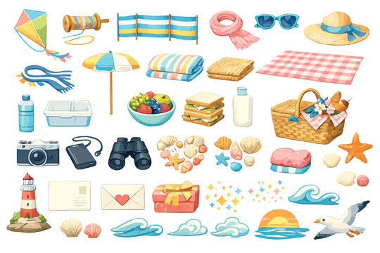 Different summer items and activities for a beach day with family and friends on a sunny day