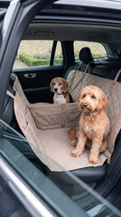 Fototapeta premium Beagle and Goldendoodle dog sitting in car on protective backseat hammock. Pet travel cover for automobile interior protection. Safe transport gear for canine passenger adventure trip.