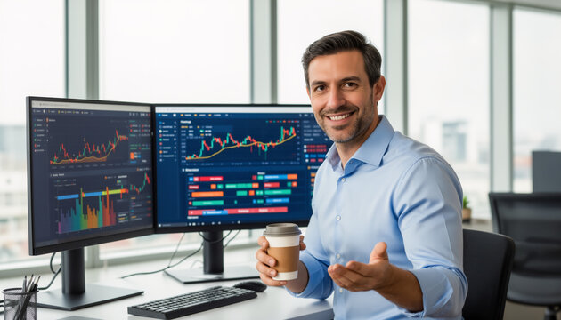 Happy professional male financial trader smiling and holding a coffee cup while sitting at a bright modern office desk with dual computer monitors displaying stock market trading charts