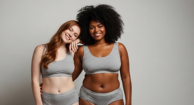 Two women diverse body types and skin tones in underwear