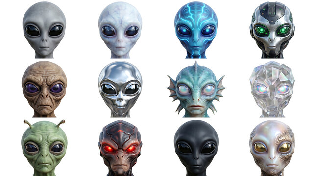 Set of 12 diverse alien head icons isolated on white, featuring various textures and sci-fi species. Ideal for game character design, avatars, app icons, and science fiction project graphics.