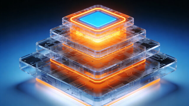 Glowing orange layers stack on top of each other in a futuristic scene with blue center Technology shines brightly