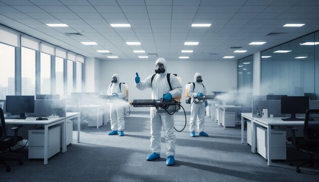 Team of professional specialists in white hazmat suits and respirators performing deep fogging disinfection and sanitization service in a modern office interior to prevent virus spreading