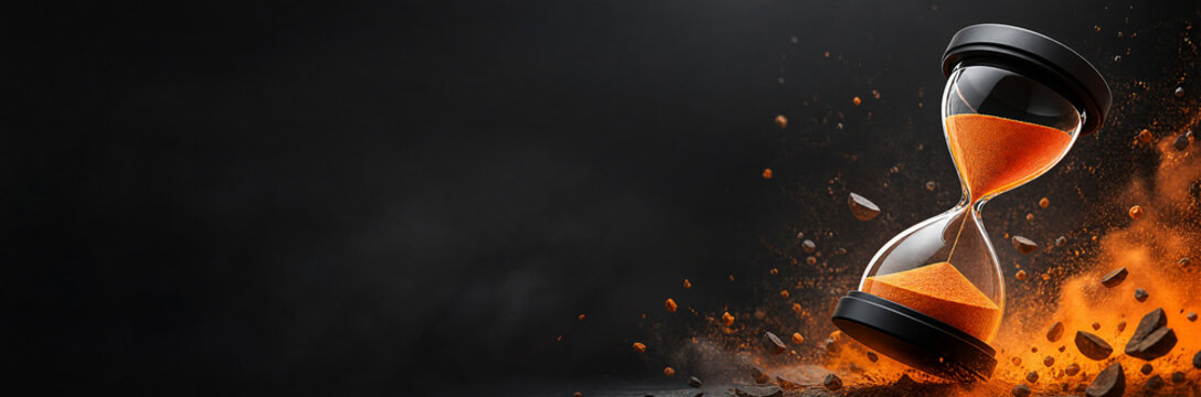 Dramatic hourglass with orange sand on dark background and copy space for urgency concept