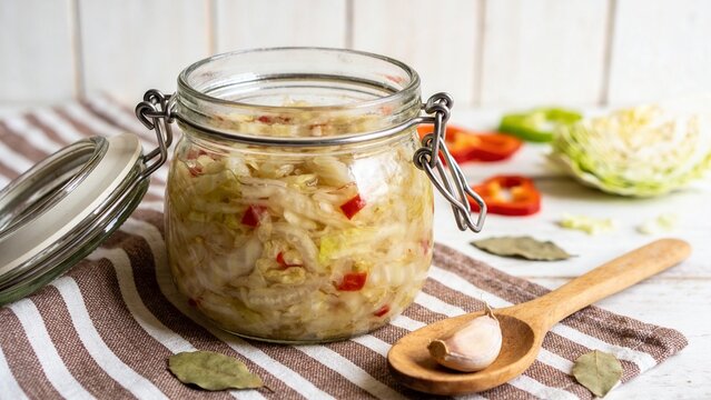 A jar of homemade sauerkraut with red peppers and a wooden spoon on a striped cloth next to sliced cabbage and spices.