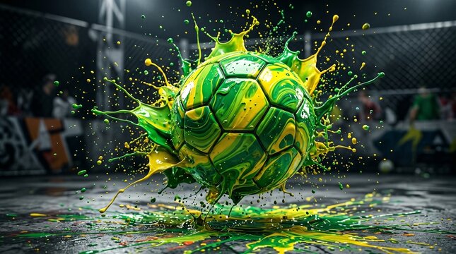Soccer ball exploding with green and yellow paint splashes on a dark background
