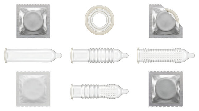 Assorted condoms set including ribbed, dotted, and smooth types in foil packaging and unrolled state, isolated on white. Perfect for sexual health, education, and contraception awareness campaigns.