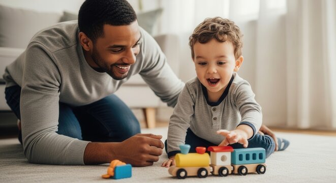 Father and son playing with toy train indoors