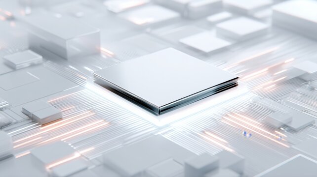 近未来的な電子回路基板の中央に配置された半導体チップ。テクノロジー関連のプレゼンテーションやウェブサイトに最適な素材。