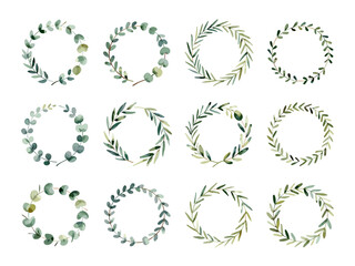 Obraz premium Elegant Watercolor Botanical Wreath Set with Minimal Green Leaf Circle Frames