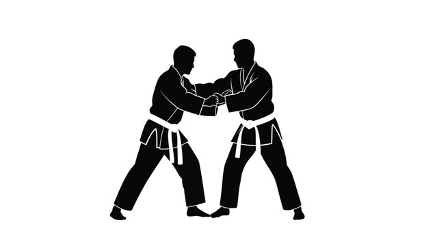 Two judo athletes grappling in a dynamic fighting pose black silhouette on a white background silhouette high quality professional detailed modern elegant stylish clean