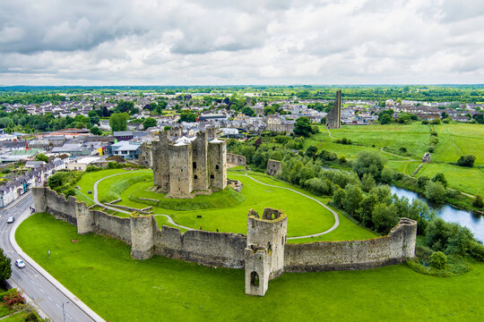 Aerial view of Trim Castle in County Meath, Ireland. The great Anglo Norman fortress rising above the River Boyne beside the medieval heritage town of Trim.