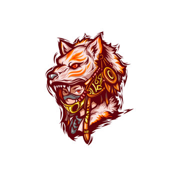 Epic White Wolf Spirit Masked Warrior Character with Ethnic Ornaments for Esports Logo and Gaming Mascot Illustration
