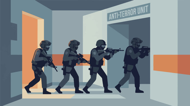 Anti-terror unit team moving tactically indoors.