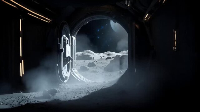 heavy metal vault door opening to a desolate and misty lunar landscape