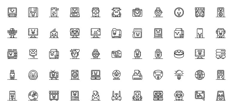 Cute Tech icon set. Minimal vector tech icons pack. Features Computer, Floppy disk, Mobile, Camera, Smartwatch, Robot, TV, Gameboy, Printer, Router and more.