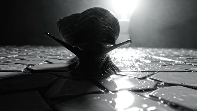 Black and white close up of a snail crawling on wet tiles with a bright light bulb illuminating the scene, a slow motion shot.