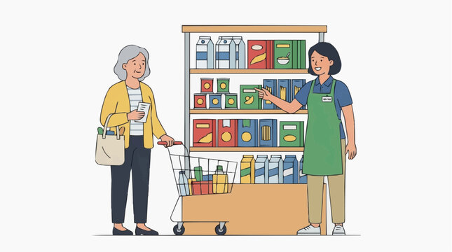 Friendly retail worker assists senior customer with shopping cart selection of groceries from supermarket shelves, illustrating helpful service and