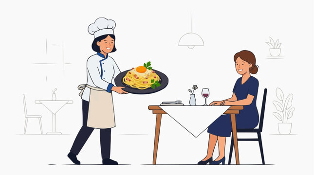 Minimalist vector illustration of chef and diners in a restaurant with calm planning, food service workflow, and business hospitality concept