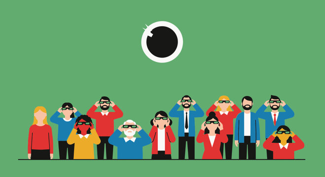People Watching Solar Eclipse with Protective Glasses, Astronomy Event
