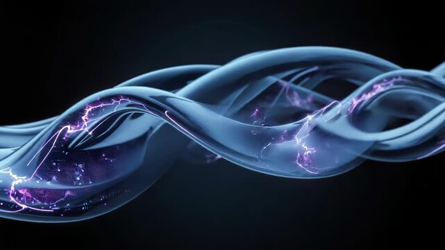 Flowing abstract energy ribbon with glowing purple sparks and smooth blue glass texture