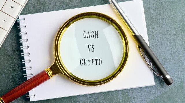A magnifying glass focuses on a blank notebook, then reveals the text Cash vs Crypto. A pen and calculator sit nearby on a desk, highlighting a financial comparison