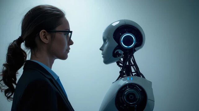 Contemplative businesswoman face profile facing humanoid robot cyborg woman robot futuristic