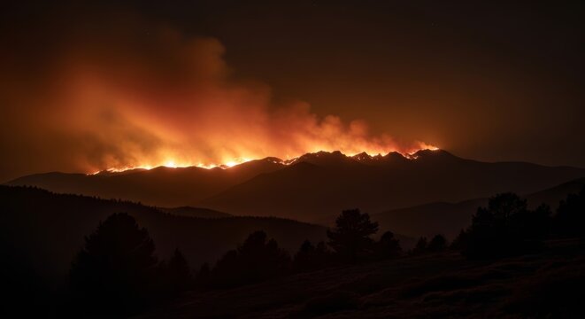 Bright flames of a wildfire lighting up the heavy smoke above a silhouetted forest at dusk.