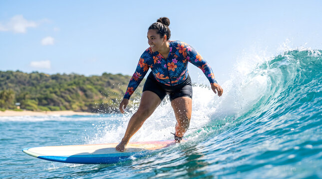 Smiling young plus-size woman in a floral rash guard confidently riding a surfboard on a sunny ocean wave