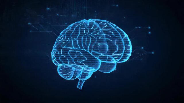 Holographic glowing blue brain hologram with digital neuron network glowing circuitry and data flow