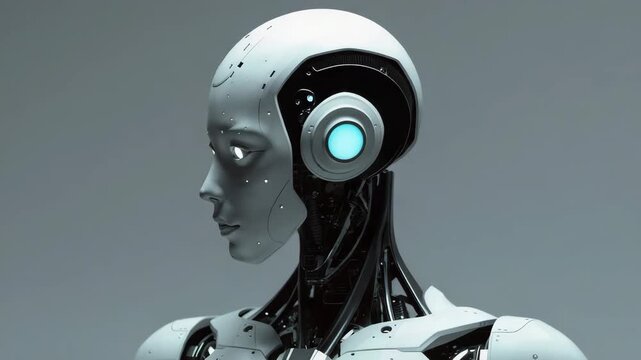 Futuristic humanoid android robot portrait with glowing eye, metallic neck and sleek white plating