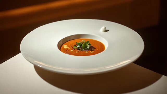 Creamy tomato soup with microgreen garnish pumpkin seed drizzle elegant warm presentation