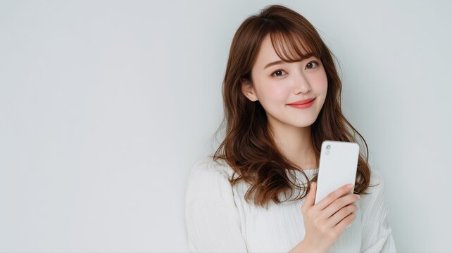 スマートフォンを持って微笑む若い女性のポートレート。SNSやコミュニケーション関連の広告や記事に最適なイメージ素材