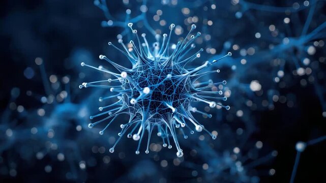 Blue microscopic virus particle with radial spikes and glowing network tendrils. microscopic