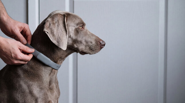 Man putting modern tracking collar on Weimaraner dog. Animal care and smart pet technology concept. Owner securing electronic device on pet to monitor health and location indoors.