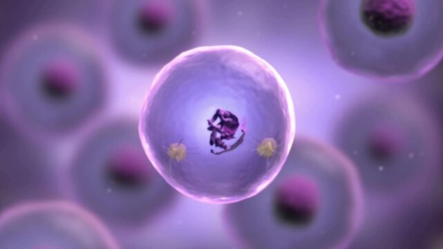 Scientific 3D animation showing mitosis during cell division with chromosome alignment, separation, and replication in a microscopic cellular environment.