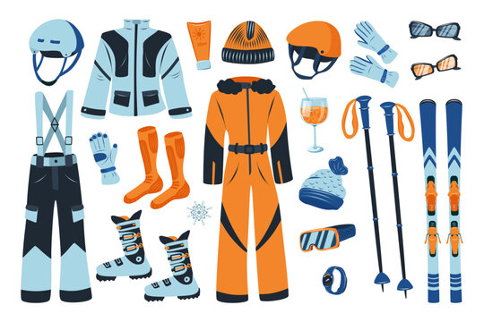 Mountain ski equipment set with helmet, ski, boots and snowsuit. Vector winter sports collection for ski resort, travel and outdoor design.