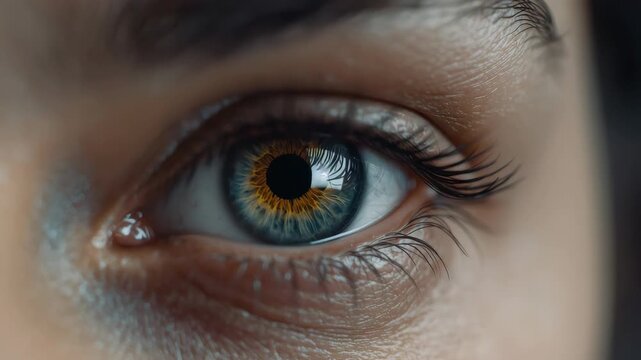 Blue green iris and pupil close up with golden fleck long eyelash skin texture calm focus