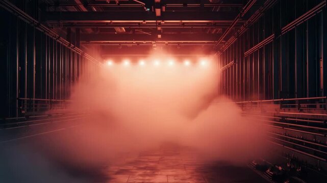 Foggy stage interior with warm overhead light and theatrical warm backlight creating moody