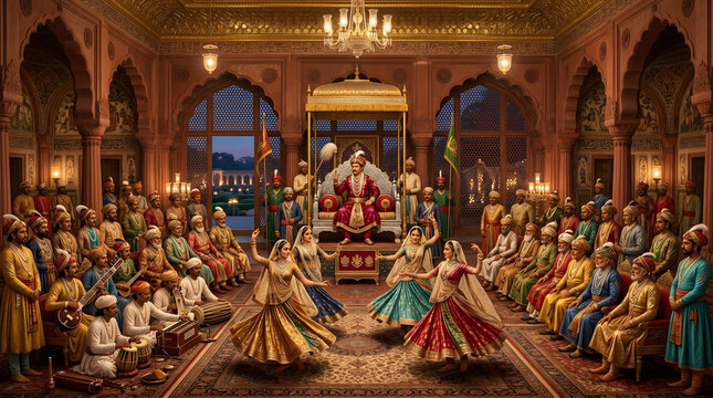 Indian king watches dancers in ornate palace hall